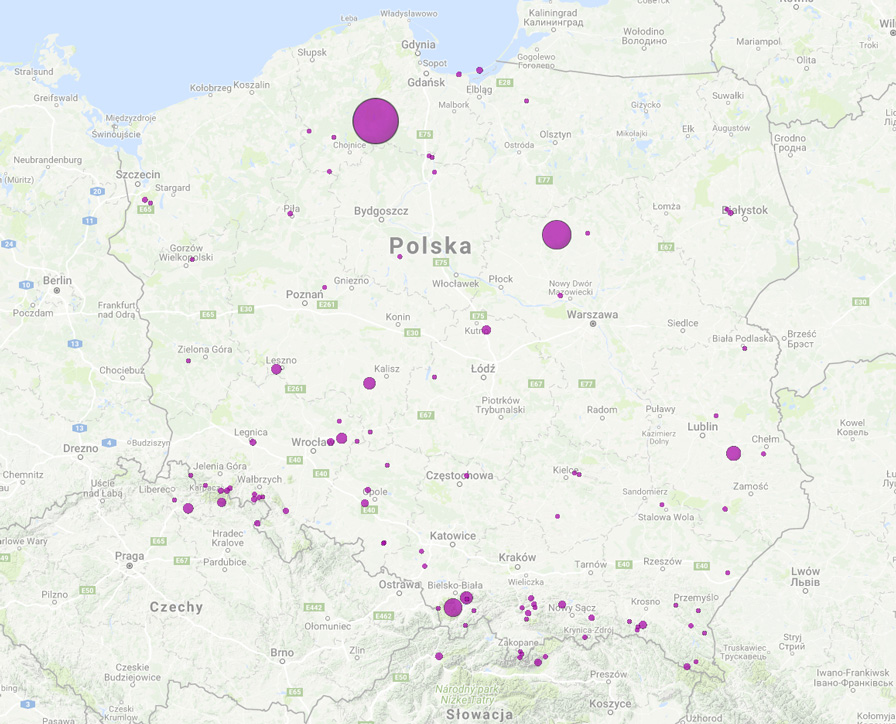 Popularność setkowych startowisk polskich - mapa